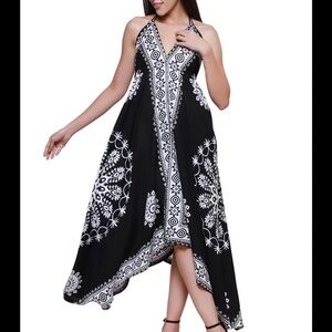 NWT Boho Scarf Print Halter Dress Open Back Flowy Handkerchief Hem